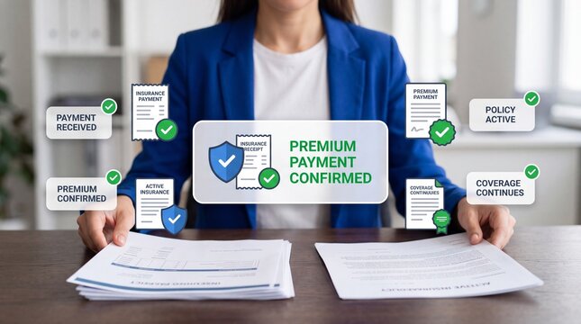 Woman in blue jacket holding insurance contract documents at desk with digital confirmation popups with Person blue blazer holds insurance policy papers table floating confirmation graphics