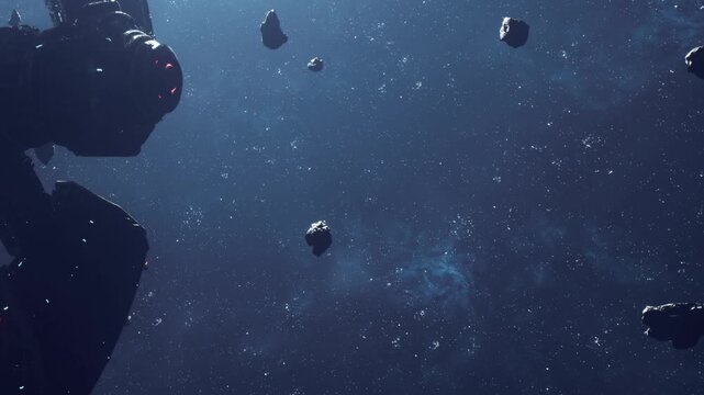 A spacecraft maneuvers through a field of asteroids in deep space. Stars twinkle in the background, adding light to the dark void. The scene shows the vastness of the universe.