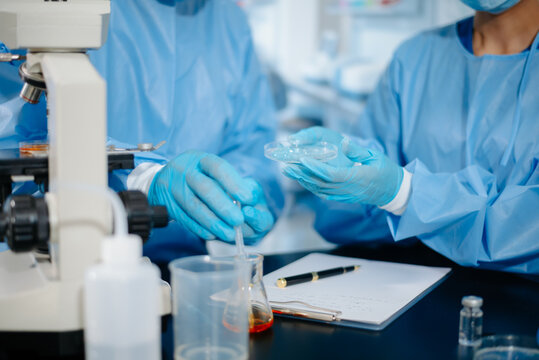 Close up of medical researchers in blue protective gowns using a pipette and beaker scientific testing near a microscope in a laboratory.