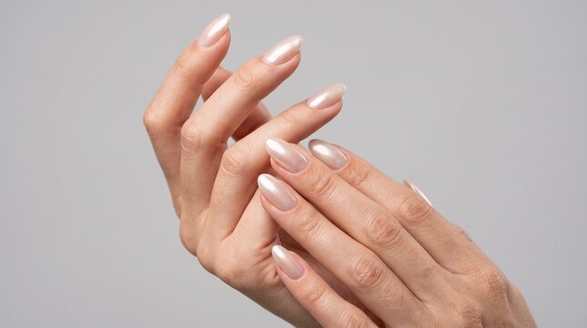 Elegant manicured hands featuring long almond shaped nails with shimmering pearl polish captured in soft studio lighting showcasing a refined and luxurious feminine beauty aesthetic style.