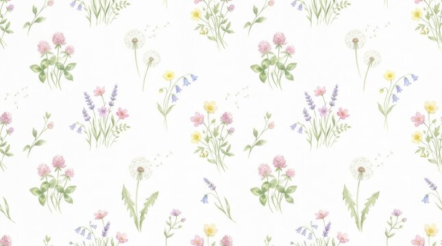 Watercolor Wildflowers Seamless Pattern with Dandelions and Clover