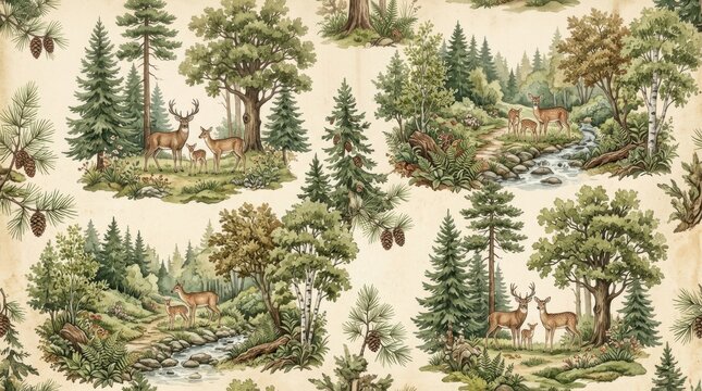 Vintage forest illustration pattern with deer and pine trees