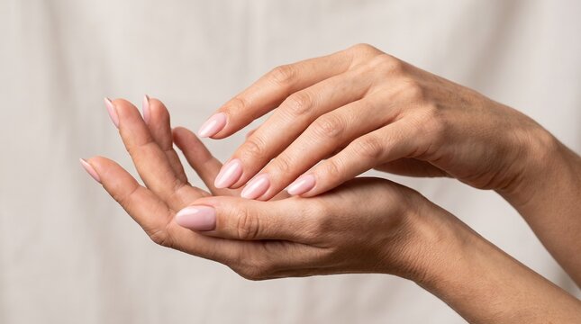 Elegant female hands with soft pink manicured nails and smooth skin posing gracefully in bright studio lighting captured with a sharp focus macro camera lens