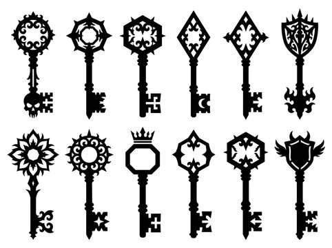 Ornate Antique Keys Collection Isolated Transparent Background Vector