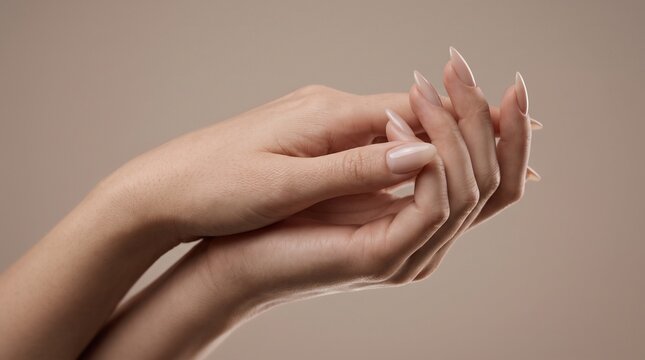 Elegant female hands featuring long almond shaped manicured nails with glossy beige polish presented in a soft studio lighting setup for beauty and skincare advertising photography