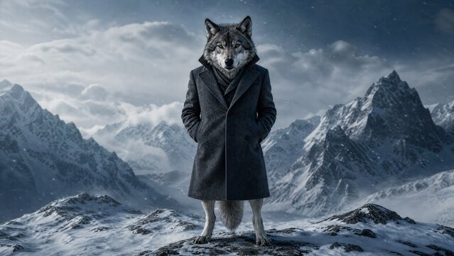 Anthropomorphic wolf in a black coat standing on a snowy mountain peak at winter.