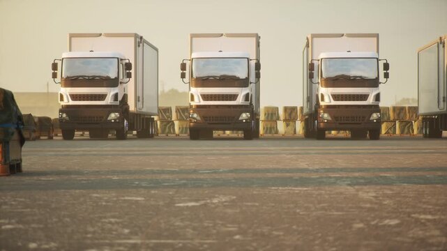 Global supply chain logistics, white freight container trucks with cargo crates parked zone. 3d animation.