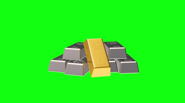 A gold bar slowly rotates in front of stacked silver bullion ingots on a bright green chroma key background, creating a clean finance-themed asset for compositing, 3D animation