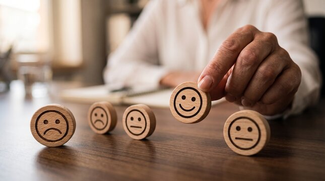 Customer Satisfaction Survey: A person's hand is selecting a happy face emoticon from a series of wooden discs displaying various emotions, symbolizing feedback and customer experience.