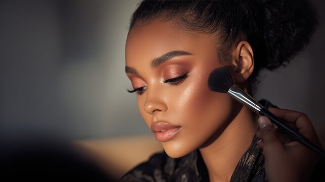 African American woman receiving professional makeup with a cosmetic brush in a beauty studio, creating a polished editorial look for cosmetics, artistry, glamour and skincare advertising