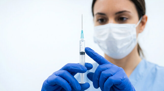 Female nurse in face mask and blue gloves inspecting syringe for COVID-19 vaccination