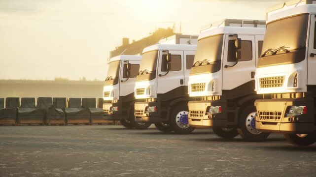 Global logistics and supply chain concept, row of white freight trucks with crane background. 3d animation.