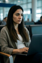 Fototapeta premium Remote work and digital nomad lifestyle, woman working on laptop in airport terminal with travel stress and deadline pressure while waiting for flight