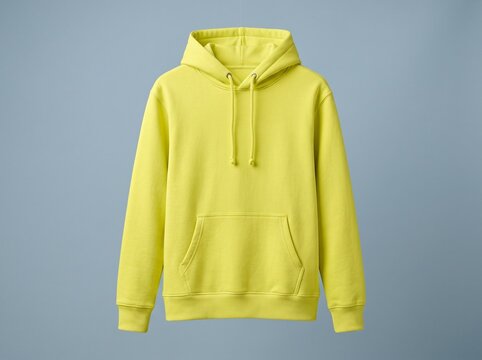 Bright yellow hooded sweatshirt on a minimalist background, showcasing casual fashion and comfort
