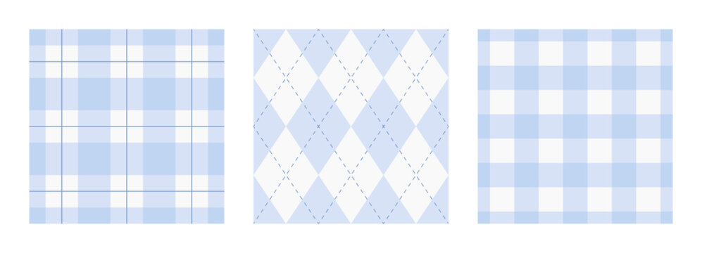 Pastel blue gingham, checkered and argyle seamless pattern set. Plaid backgrounds. Soft print for tablecloth, textile and fabric. Vector illustration