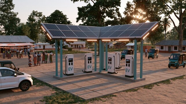 Solar powered EV charging station in an African rural community with electric vehicles