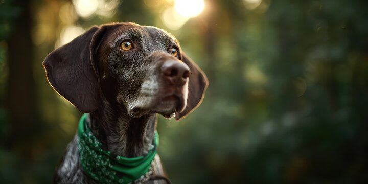 Dog with green bandana positioned outdoors amidst lush plants at sunset