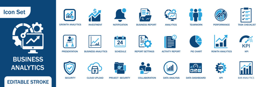 Business analytics icon set featuring dashboard, investment, performance, data analysis, teamwork, reports and KPI symbols.
