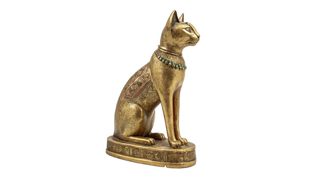 Ancient Egyptian cat statue Bastet deity sculpture isolated on transparent background for history culture museum exhibit.