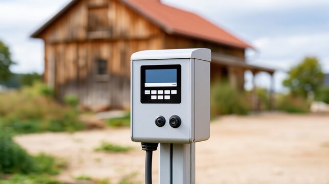 Electric vehicle charging station in a rural setting with a rustic barn background