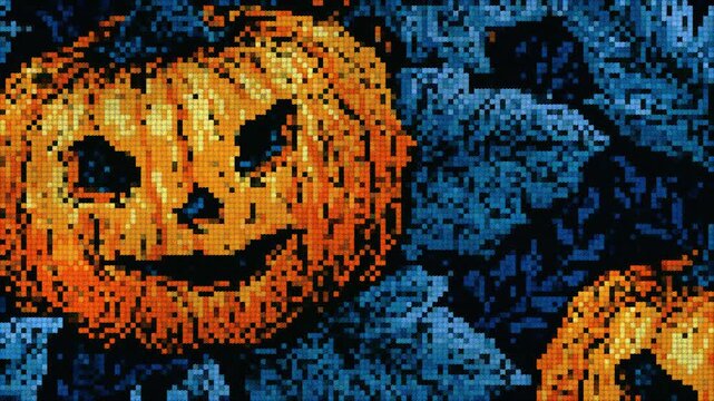 Creepy glowing jack-o-lantern in retro pixel art style. Ideal for vintage gaming Halloween events and scary media.