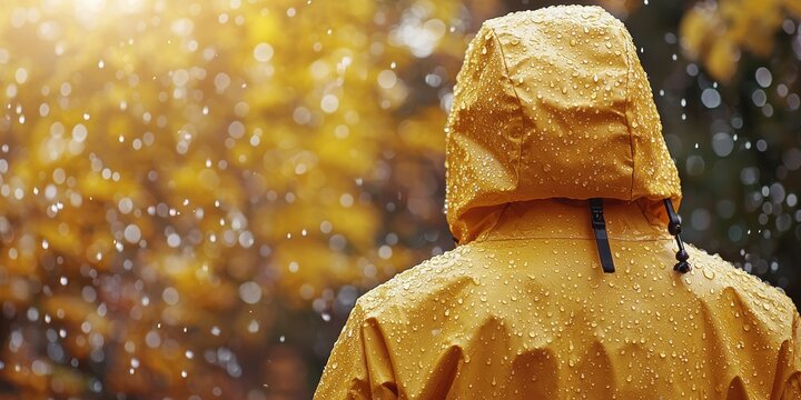 Close-up of rain droplets on a waterproof yellow jacket with a hood