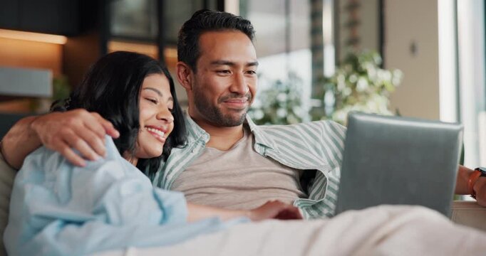 Relax, talking and couple on sofa with laptop, internet and online for streaming movies on weekend. Happy, home and man with woman on tech for connection, bonding and conversation with subscription