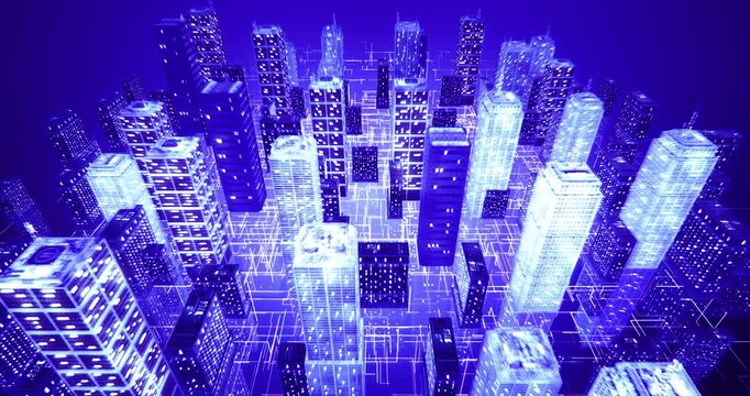 Glowing purple digital wireframe city skyline representing artificial intelligence network infrastructure. Technology related 3D animation.