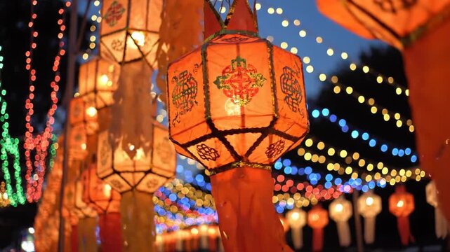 Traditional Thai paper lanterns hanging at night festival