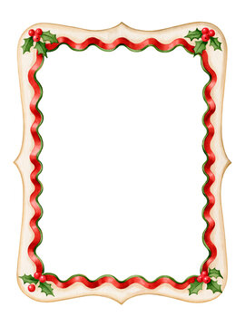 Curved Christmas Frame with Holly Berries and Red Ribbon