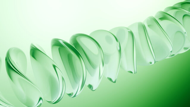 Green, abstract, glass, spiral, wave, translucent form flowing across soft gradient background with clean minimal style