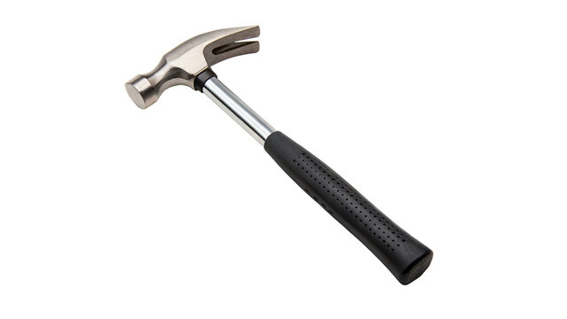 Classic metal claw hammer rubber handle tool isolated on transparent background for home carpentry repair hardware.