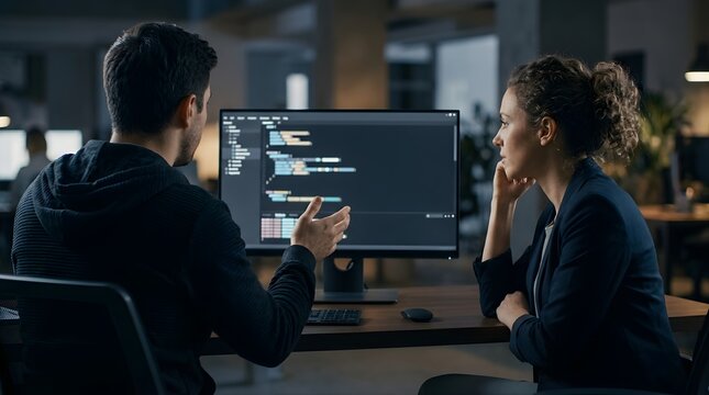 Software developers collaborating on computer code in modern office at night