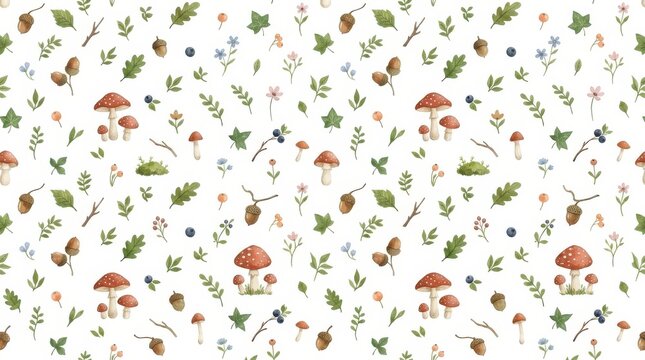 Watercolor autumn forest seamless pattern with mushrooms acorns and leaves