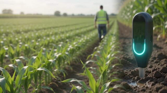 Smart soil sensor device in cornfield with walking farmer, precision farming technology