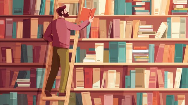 Man standing on a wooden ladder selects a book from a massive library bookshelf in a colorful vector illustration.