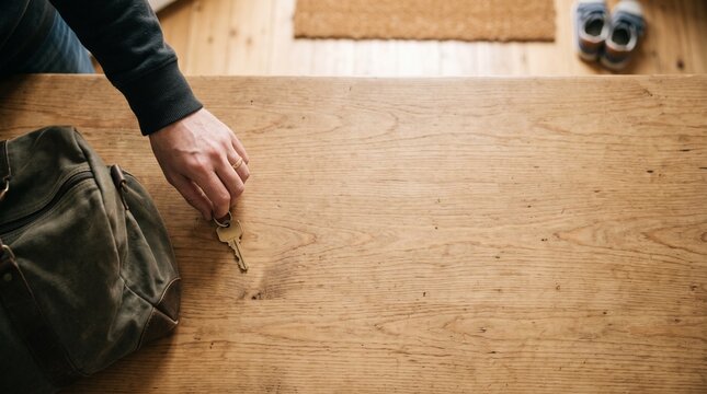 旅行から帰宅して玄関に家の鍵とバッグを置く手元