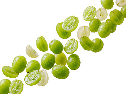 Fresh green grapes whole and cut in half floating in midair isolated on white background