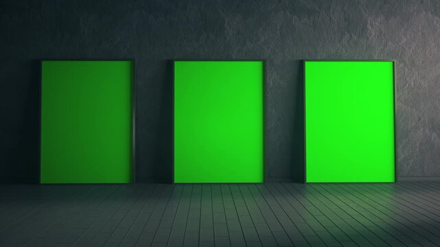 Three Glowing Green Screens Against Dark Textured Interior Wall
