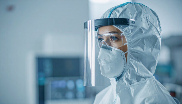 Scientist in Hazmat Suit: A dedicated scientist in a full protective hazmat suit, complete with face shield and respirator, stands in a laboratory, ready to tackle critical research.