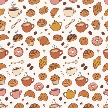 Seamless repeating pattern with cute hand-drawn bakery elements, coffee cups, croissants, and pastries