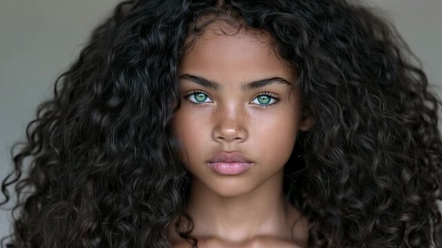 Portrait of a young Black girl with striking green eyes, freckles and long voluminous dark curly hair looking directly at the camera