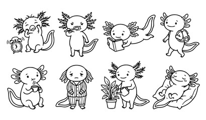 Fototapeta premium Cute Axolotl Daily Routine Outline Doodle Sticker Black Line Vector Collection