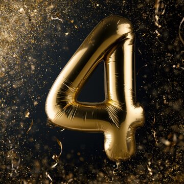 Shiny golden number four balloon surrounded by sparkling confetti and streamers on a dark festive background celebrating a special occasion
