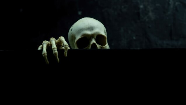 Skull and skeleton hand emerging from coffin.