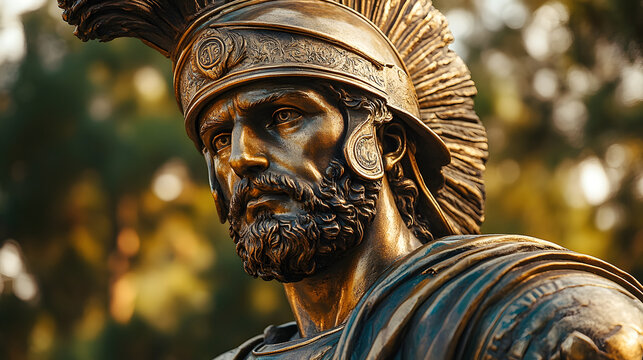 Ancient roman gladiator warrior bronze statue profile close up for historical museum and history education.