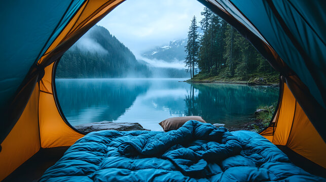 View from inside camping tent looking out at pristine lake mountain scenery for summer vacation travel adventure.