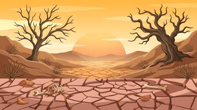Desolate Dry Landscape with Cracked Earth and Dead Trees at Sunset