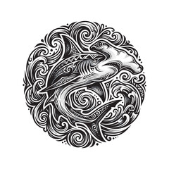 Fototapeta premium Hammerhead shark tattoo surrounded by swirling ocean waves and bold ornamental patterns, creating a dynamic marine design symbolizing strength, freedom, movement, and resilience