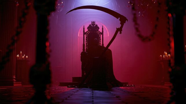 Dark red throne room with scythe statue